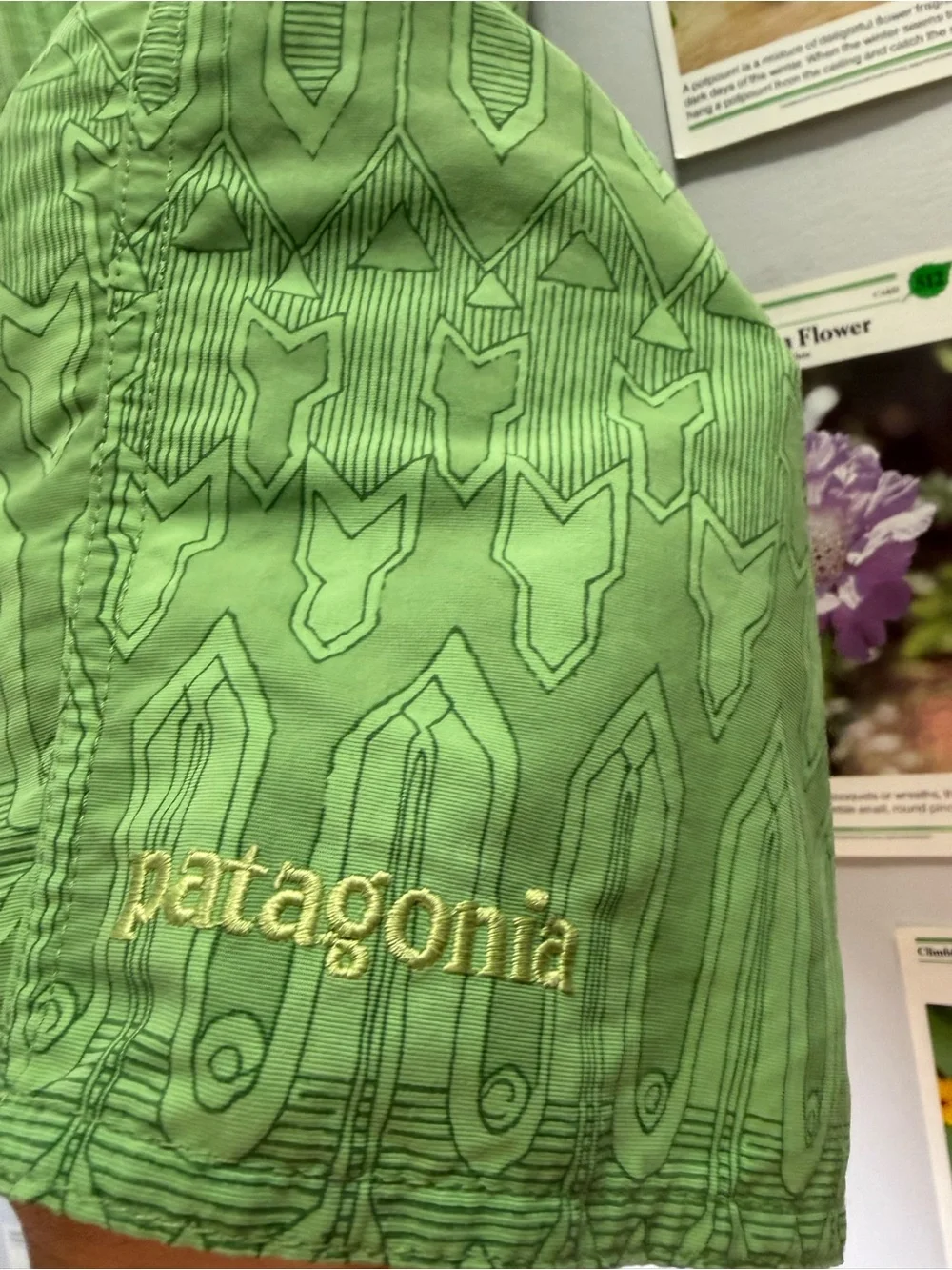 Patagonia Green Patterned Hybrid Board Shorts with Black Waistband